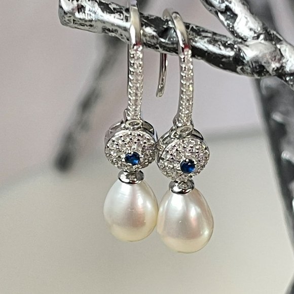 Vintage Style 925S Zirconia And Real Freshwater Drop Pearl Dangle Hook Earrings - Picture 7 of 12
